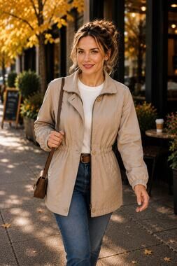 London Fog Women’s XS Petite Beige Lightweight Jacket Cinch Waist Lined Classi